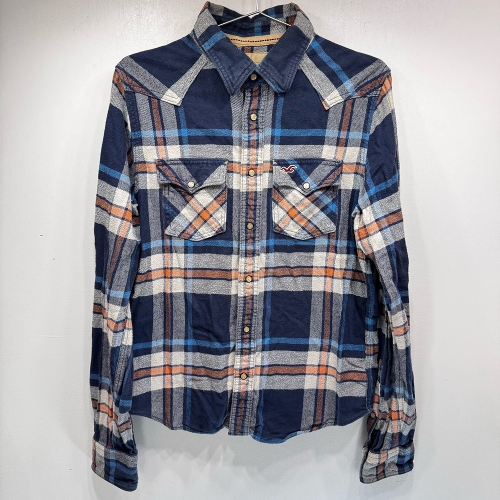 Hollister Men’s Heavy Plaid Flannel Shirt Western Stitching Pearl Snaps Cotton